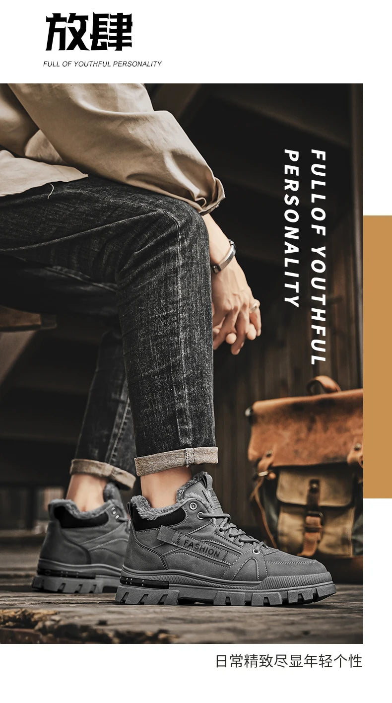 Men's plus size warm and velvet work boots soft-sole anti-slip high-top boots winter fashion youth comfort outdoor cotton boots