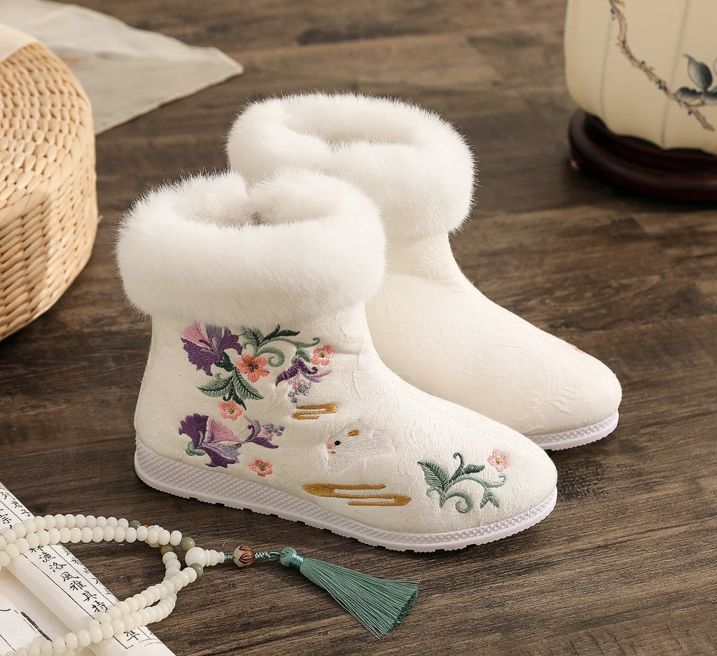 Fashion Winter Boots Women's Shoes Ethnic Style Embroidered Short Boots Women Warm Snow Shoes Female Antiquity Dance Flat Boot
