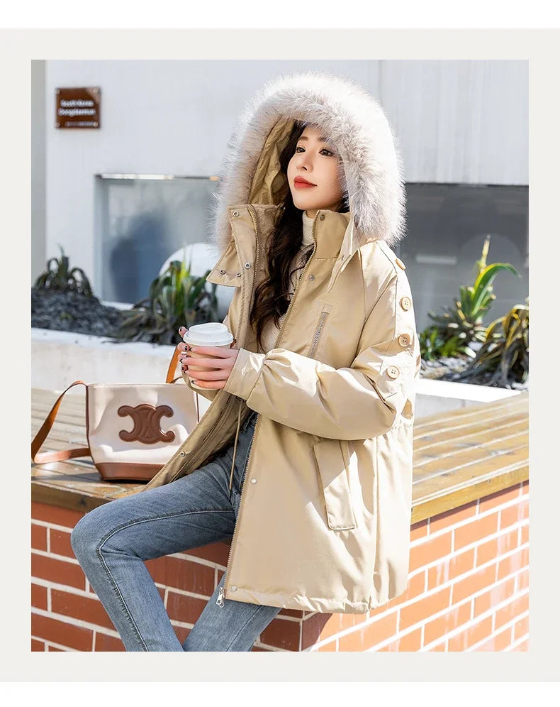 CJFHJE Parkas Winter Jackets Women Chaquetas Para Mujeres Waist Big Fur Collar Warm Down Jacket Outdoor Coat Abrigos De Plumas