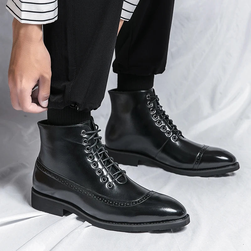 Winter Trend High Top Workwear Shoes Tips Thick Soles for Men's Business Dress Shoes British Style Men's Leather Ankle Boots