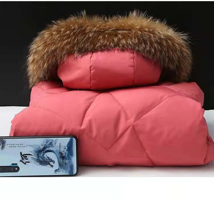 Winter Warm Jackets for Girls Two Colors Faux Fur Hooded Coat Kids White Duck Down Parkas Children Cotton Long Outwear