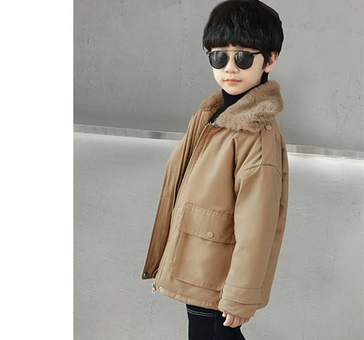 Winter Boys Insulated Jacket Child Khaki Color Retro Plus Thicken Coat Warm Outerwear High Quality Clothes Kids Windbreaker Coat