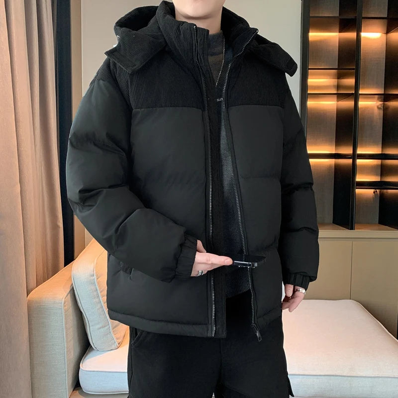 Winter Parka Jacket Men Removable Hood Thicken Keep Warm Cold Weather Windproof Coats Patchwork Cotton Padded Puffer Jacket