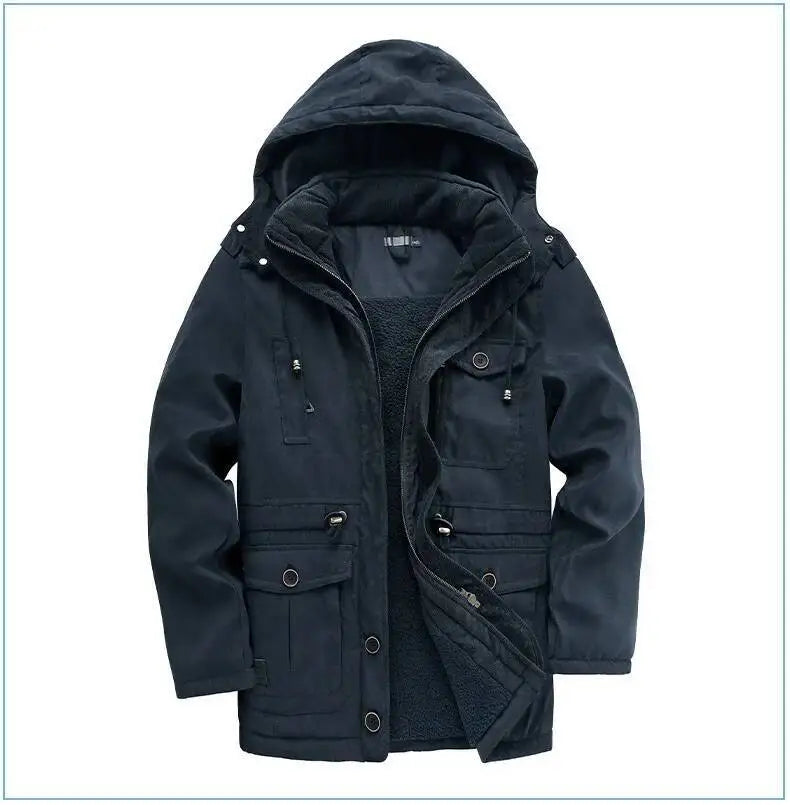 2025 Winter Men's American Fashion Versatile Hooded Cotton Jacket Thickened Multi Pocket Casual Simple Medium Length Top Coats
