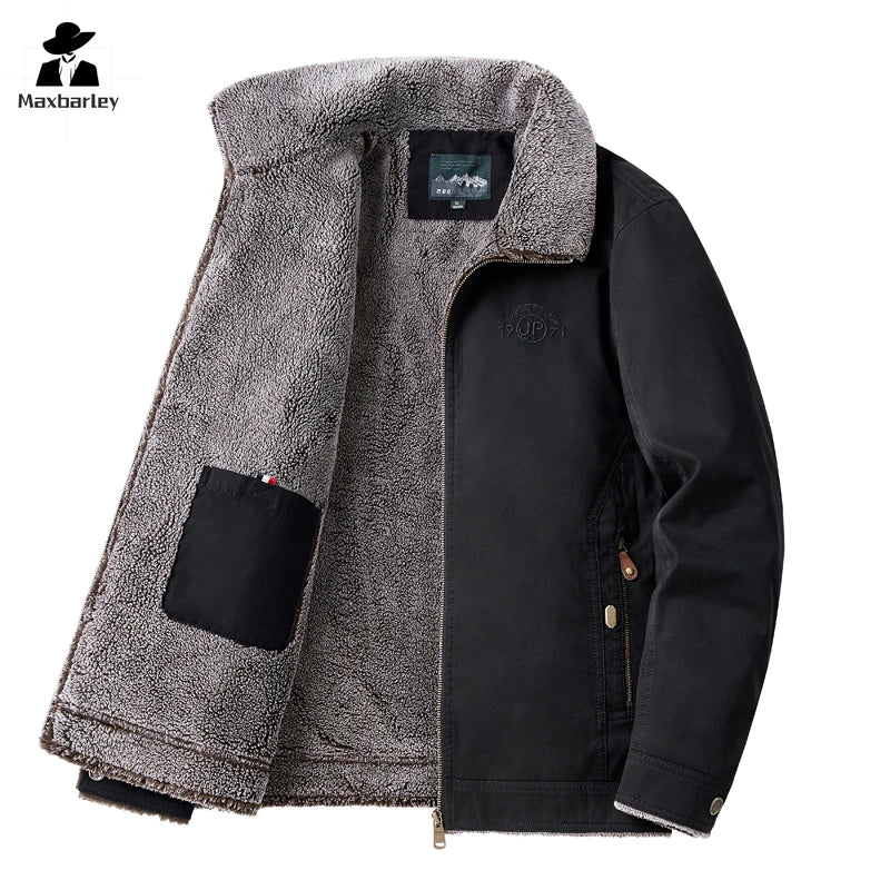 Autumn Winter Men's Jacket High Quality Clothing Thick Sheep Fur Collar Velvet Windproof Coat Male Casual Soft Fleece Warm Parka