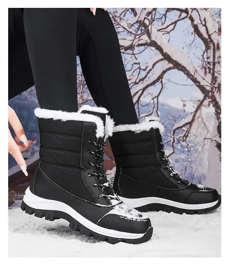 2025 Winter Women's Waterproof High Heel Boots Strap Up Flat Heel Boots Warm Snow Shoes, Plush Outdoor Fashion Casual Boots