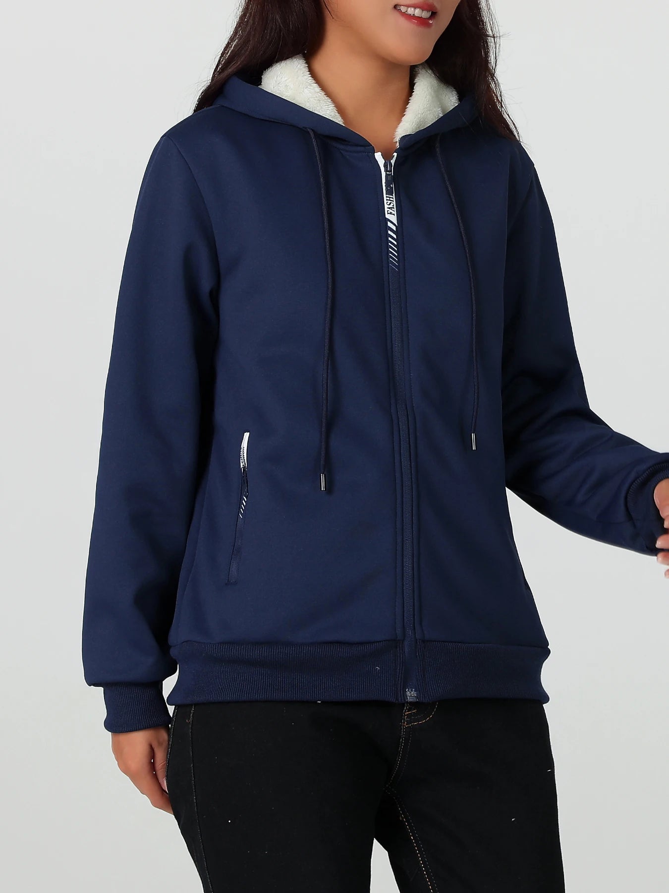 A Winter Women's Jacket, Fleece-Lined and Thickened for Warmth, Loose Casual Women's Outerwear, Polyester Fabric, Zip-Up Front, Side Zipper Pockets, Solid Color Hooded Jacket, Hidden Large Pockets Inside