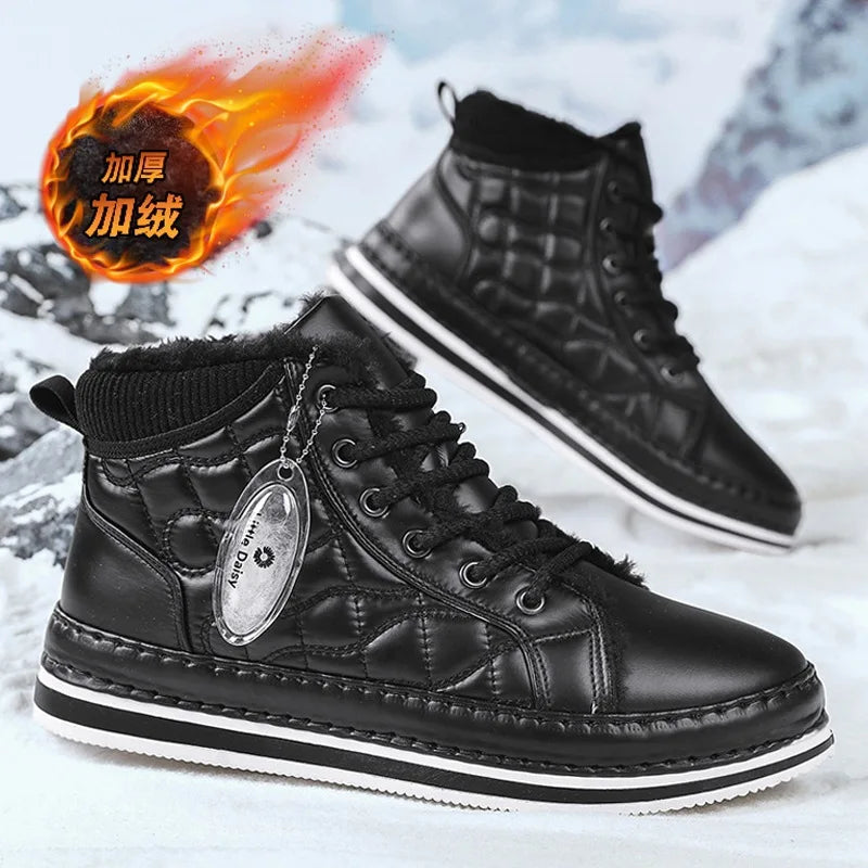 Winter New Shoes for Men Fur Boots High Tops Leather Warm Plush Casual Shoes Outdoor Snow Boots