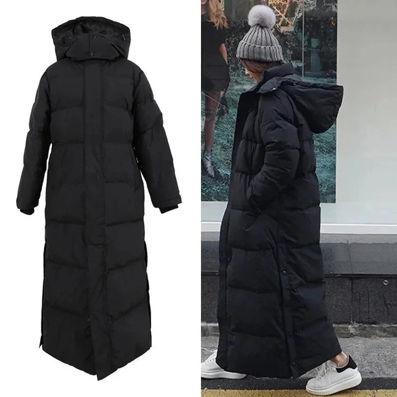 Super Long Padded Cotton Jacket Women 2025 New Korean Over-The-Knee  Fashion Parkas Winter Female  Thick Black Down Cotton Coat