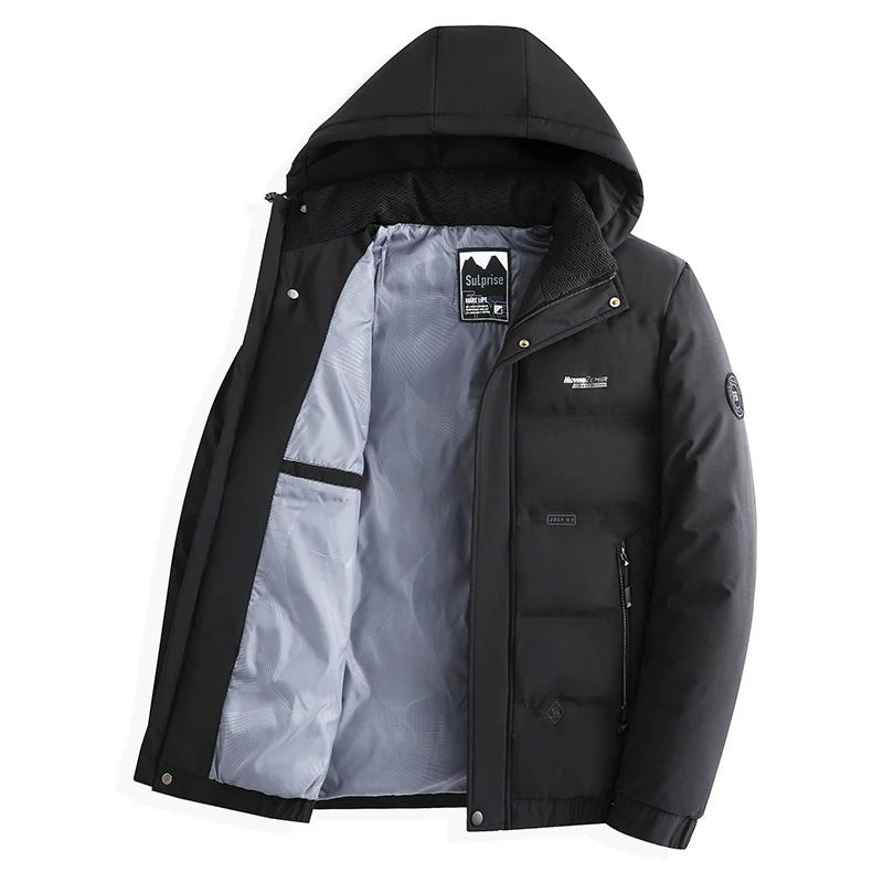 Men's Autumn Winter Quilted Parka Jacket with Thickened Lining – Hooded Standing Collar Windbreaker Coat for Middle-Aged Warmth