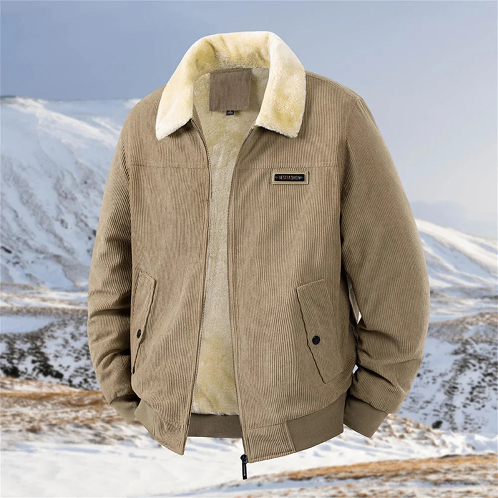 Winter New Arrival: Warm-Weather Corduroy Jacket Men's Fleece-Lined, Thickened Letter-Label Collared Jacket Fashionable Menswear
