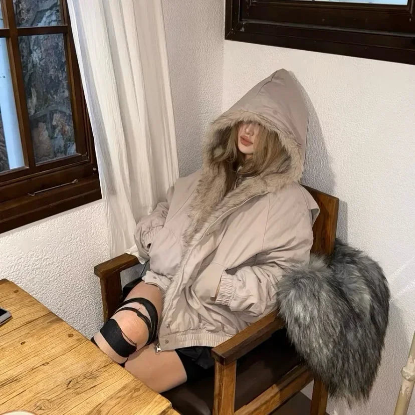 Winter plush jacket American log warm jacket men and women retro stylish hip-hop simple loose leather motorcycle punk jacket