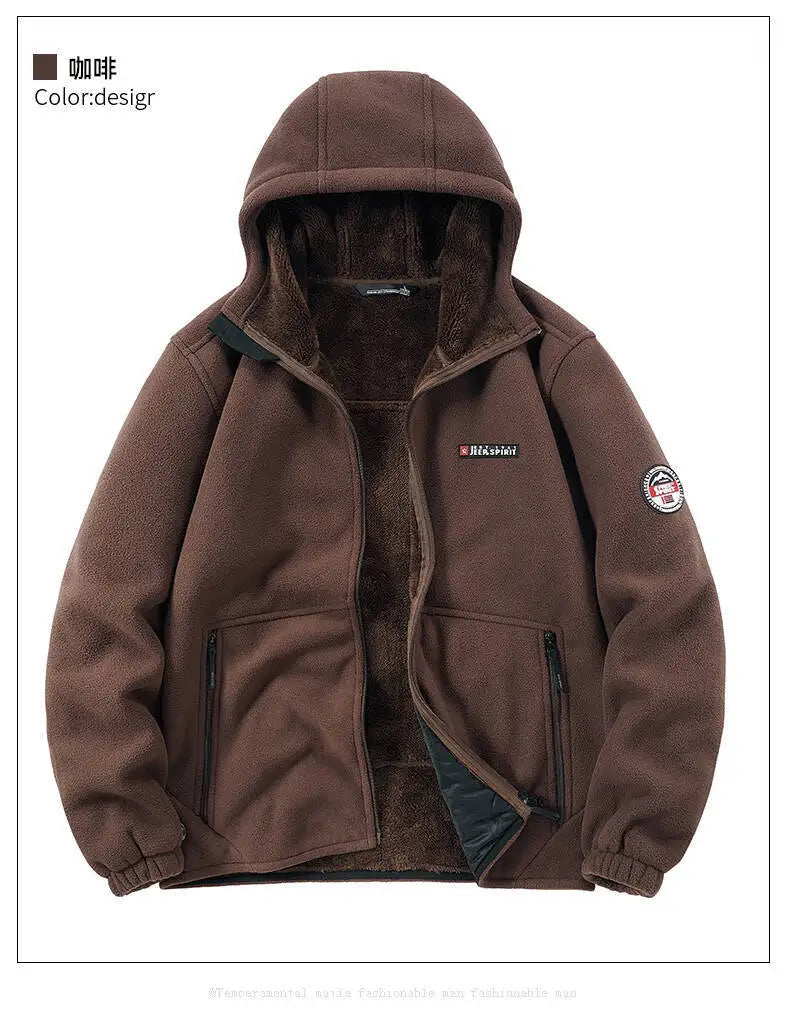 Men's Outdoor Sport Hooded Sweatshirt Jacket Warm Fleece Liner Windproof Softshell Inner Polar Fleece Coat with Zipper & Pockets