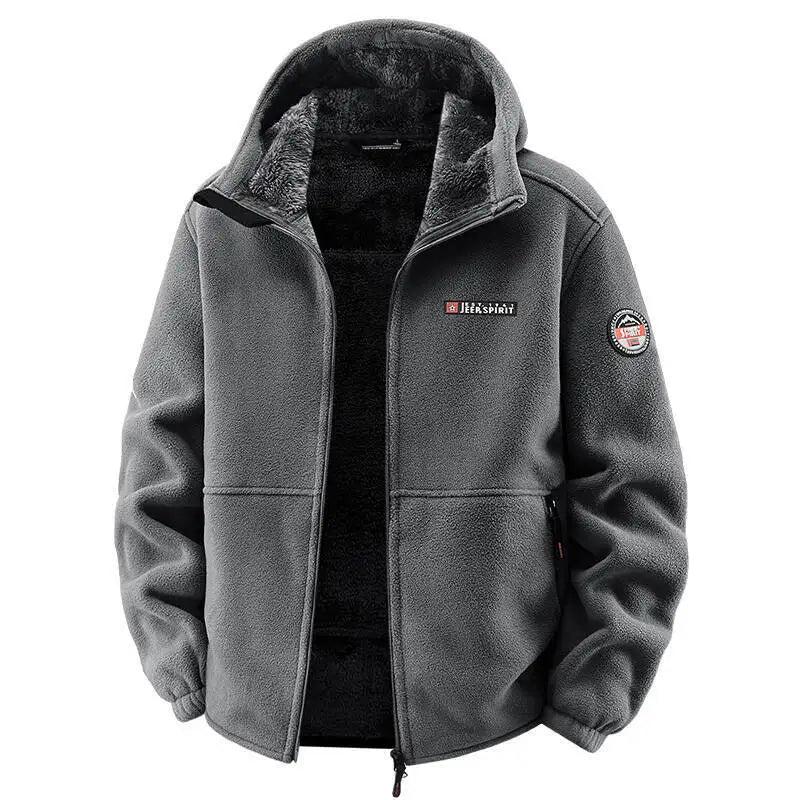 Men's Outdoor Sport Hooded Sweatshirt Jacket Warm Fleece Liner Windproof Softshell Inner Polar Fleece Coat with Zipper & Pockets