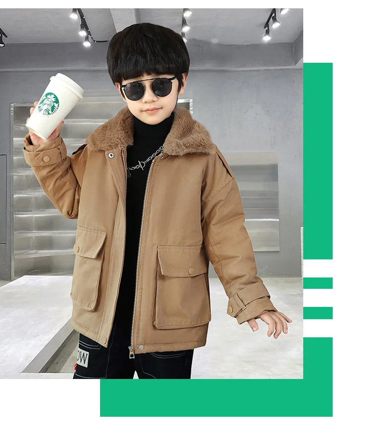 Winter Boys Insulated Jacket Child Khaki Color Retro Plus Thicken Coat Warm Outerwear High Quality Clothes Kids Windbreaker Coat
