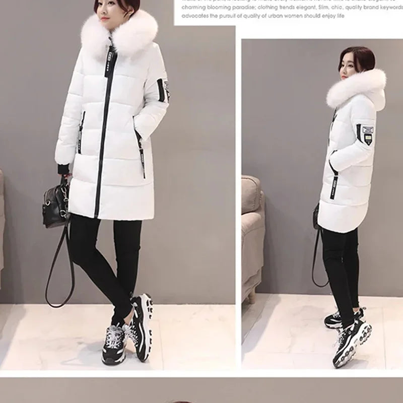 Women Winter Fur Collar Hooded Parka Fashion Letter Patch Zipper Pockets Design Long Jacket Elegant Slim Warm Thick Female Coats
