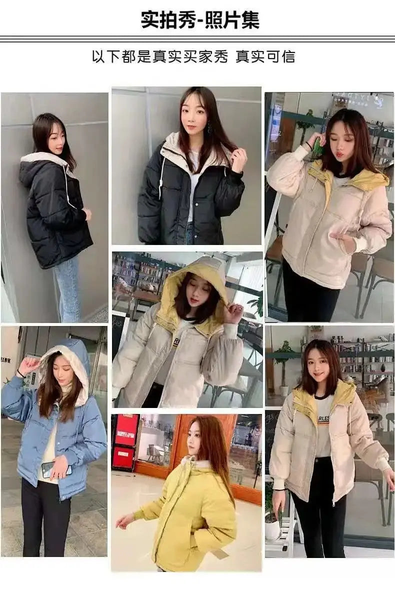 2024 Winter Korean Warm Female Puffer Coat Pocket Solid Parkas Padding Long Sleeve Thick New in Outerwears Hooded Women's Jacket
