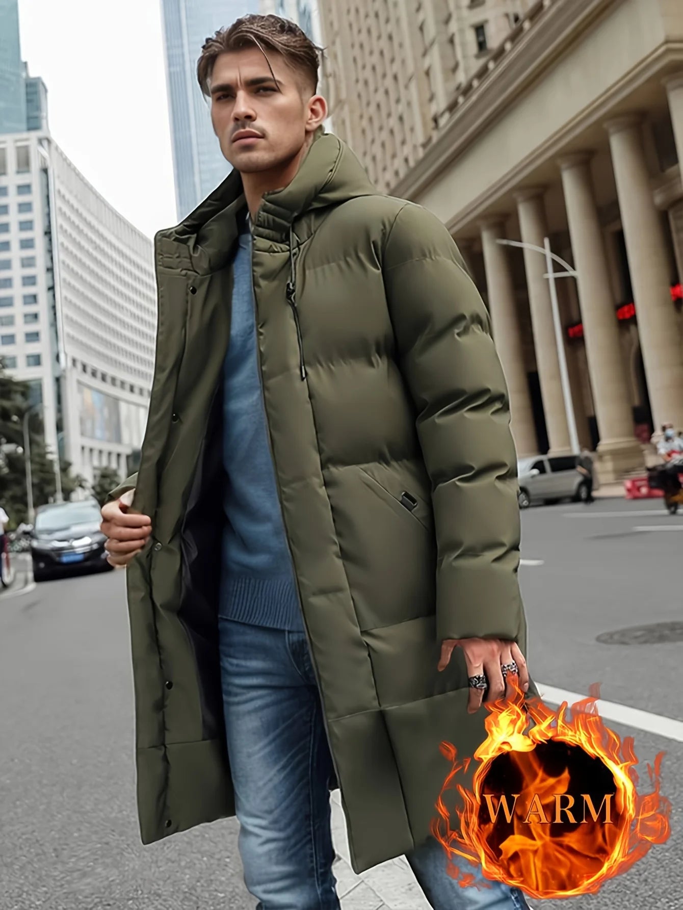 Men's Winter Jacket Hooded Full-Zip -Padded - Windproof Coat with Full-Length Zipper- Cold Weather Outdoor Clothing for Skiing