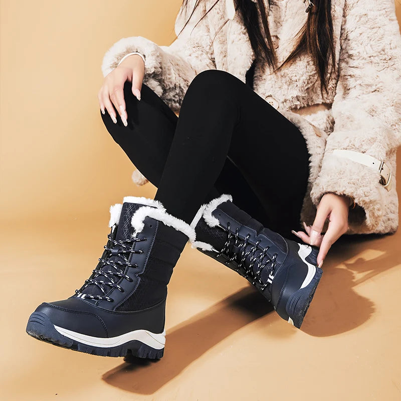 2025 Winter Women's Waterproof High Heel Boots Strap Up Flat Heel Boots Warm Snow Shoes, Plush Outdoor Fashion Casual Boots