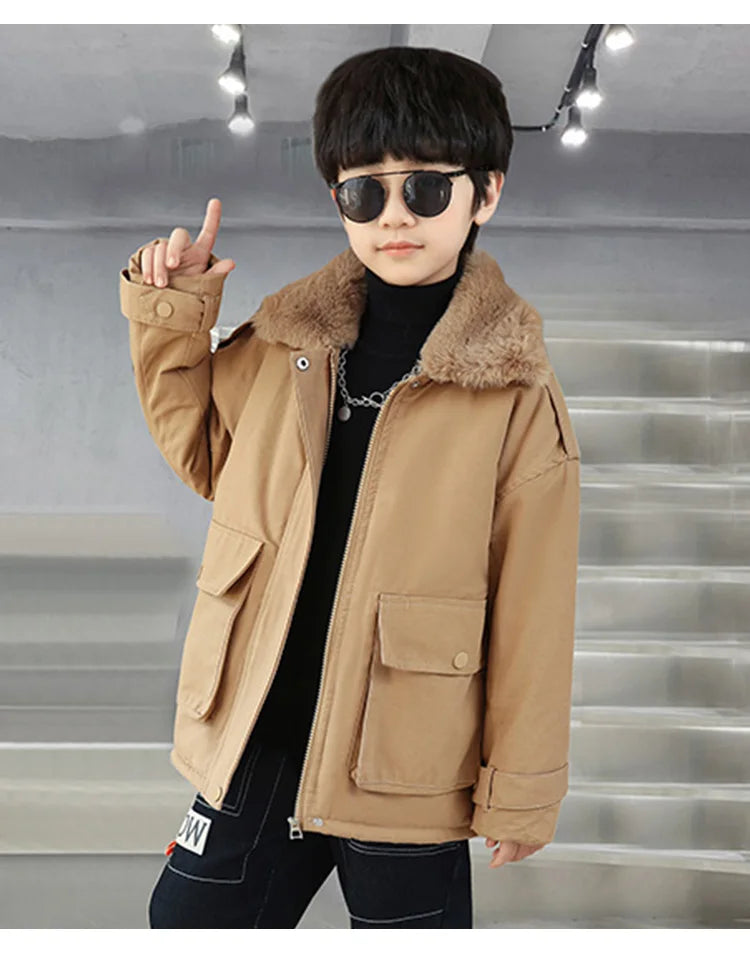 Winter Boys Insulated Jacket Child Khaki Color Retro Plus Thicken Coat Warm Outerwear High Quality Clothes Kids Windbreaker Coat