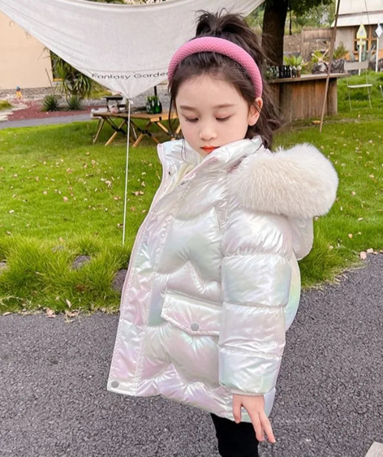 Winter Girls Down Jacket with Faux Fur Lining - Thermal Insulation Windproof Stain Resistant Coat for Medium To Large Kids