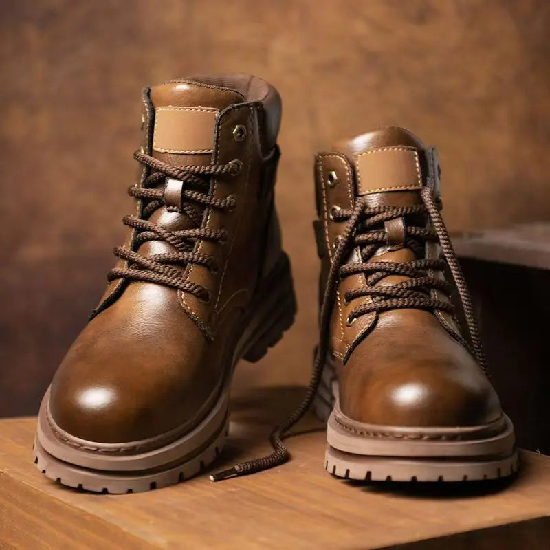 Men's Work Boots Autumn Winter New Leather High Top Thick Sole Non Slip Waterproof Lace Up Plush Warm Cotton Boots Snow Boots