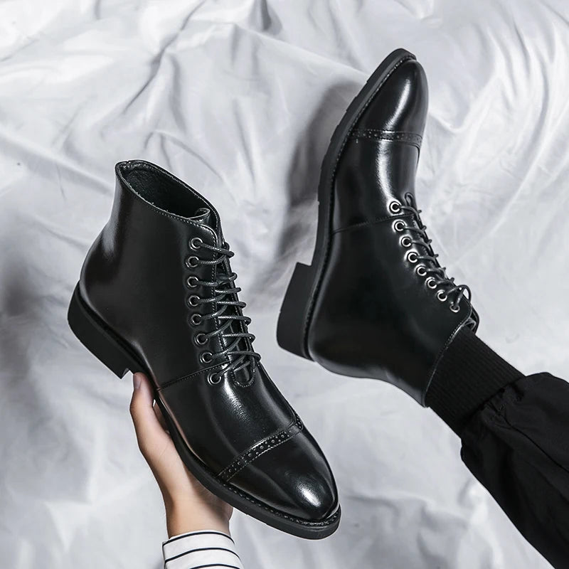 Winter Trend High Top Workwear Shoes Tips Thick Soles for Men's Business Dress Shoes British Style Men's Leather Ankle Boots