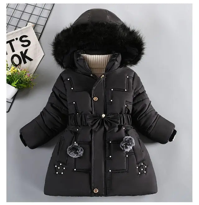 Thick Keep Warm Winter Girls Jacket Detachable Hat Plush Collar Hooded Padded Lining Coat For Kids Children Birthday Present