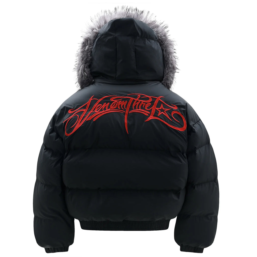 Winter Jacket Men Women Loose Thick Warm Bomber Cotton Hooded Coat Detachable Fur Collar Embroidered Design Outdoor Windproof