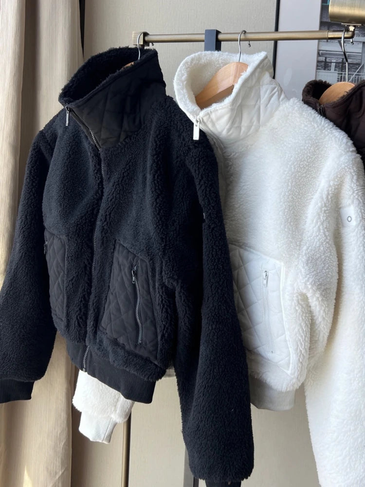 White Winter Jacket Women Lamb Fleece Zipper High Waist Short Jacket Fashion Thickened Stand Collar Black Jackets for Women