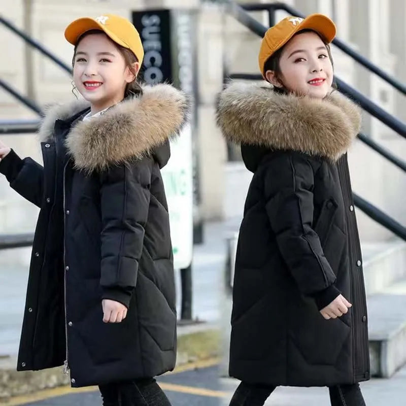 Winter Warm Jackets for Girls Two Colors Faux Fur Hooded Coat Kids White Duck Down Parkas Children Cotton Long Outwear