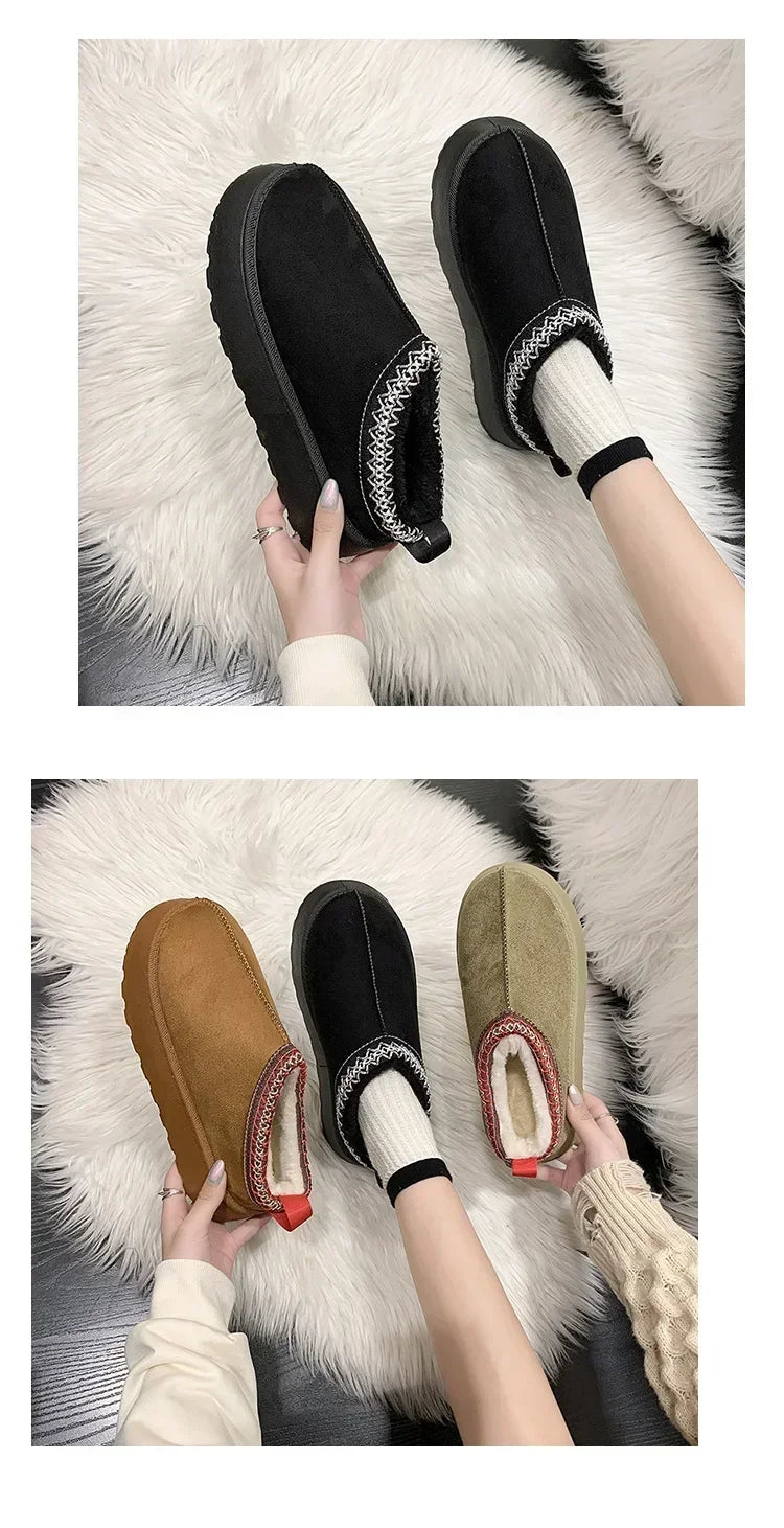 Snow Boots for Women 2024 Winter New Cashmere Warm Thick Soles Without Heel-covered Hair Half Slipper Cotton Shoes for Women