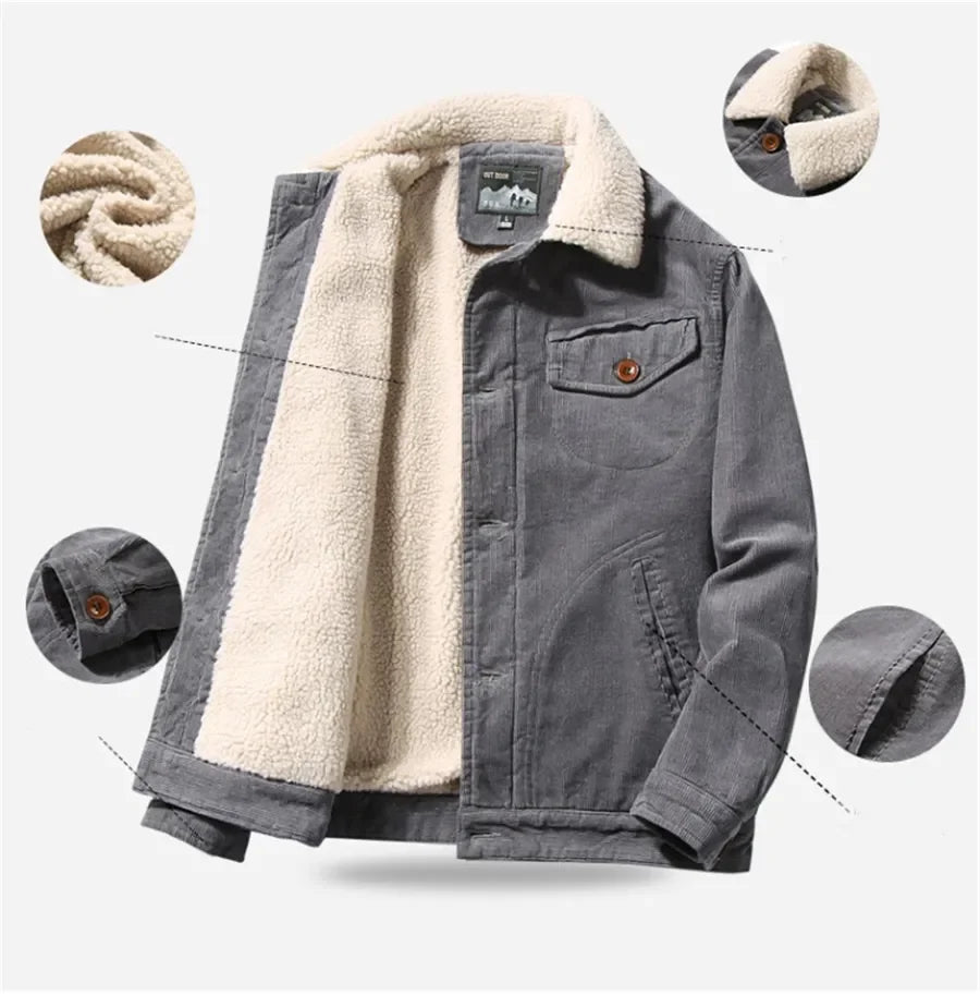 High Quality 2024 Jackets Men's Winter Plus Velvet Jacket Corduroy Tooling Casual Parka Korean Fashion Solid Color Cotton Jacket