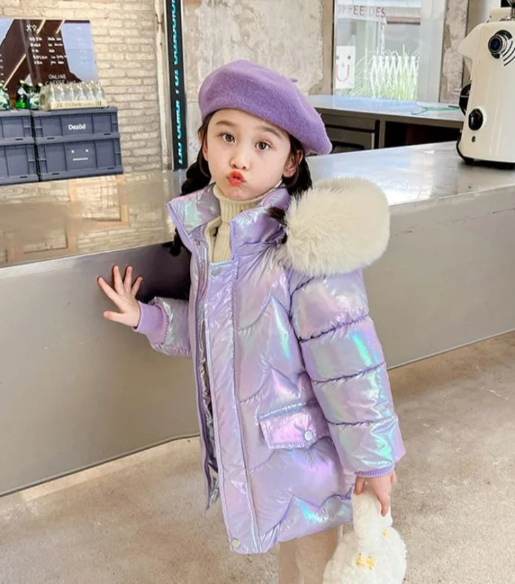 Winter Girls Down Jacket with Faux Fur Lining - Thermal Insulation Windproof Stain Resistant Coat for Medium To Large Kids