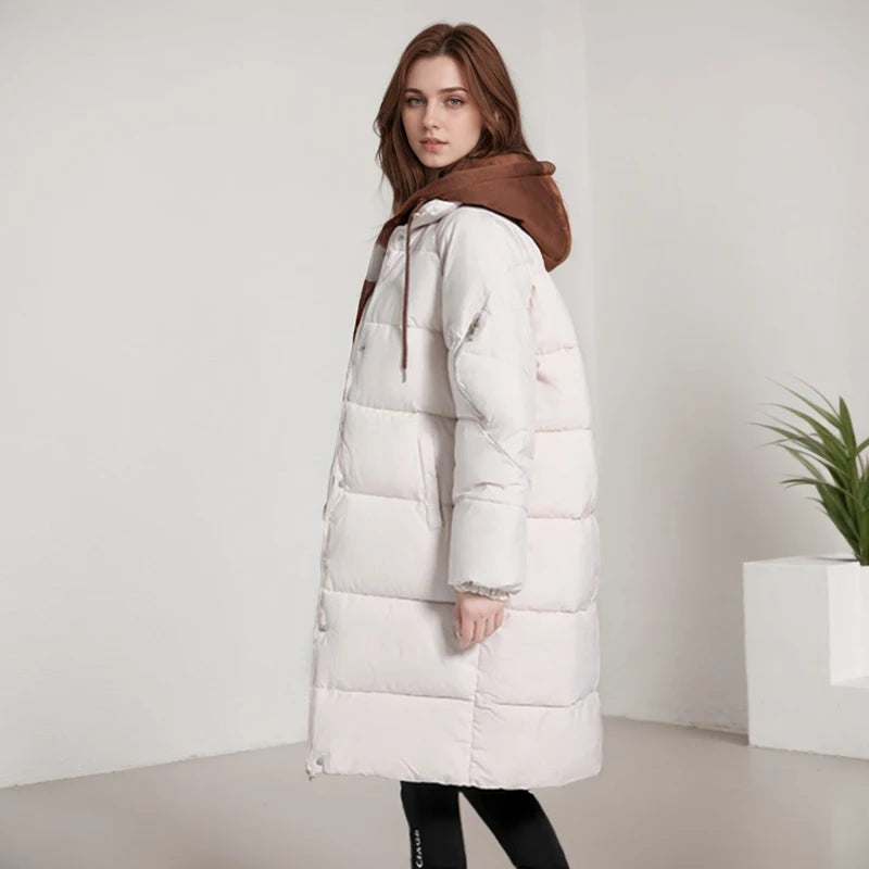Winter Women Jacket Casual Loose Cotton-padded Knitted Hat Long Overcoat Fashion High Quality Fake Two Pieces Hooded Long Coat