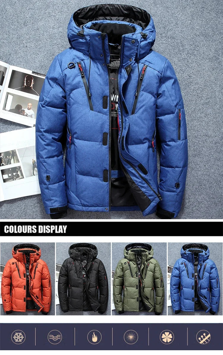 -20 Degree Winter Men White Duck Down Jacket Thick Warm Snow Coat Male Hood Windbreaker Down Parkas Outerwear Sportswear Puffer