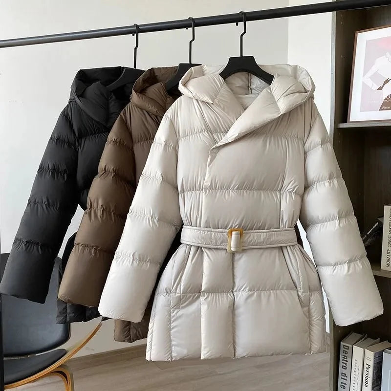 2025 New Winter Jacket Women Warm Parkas Long Sleeve Tops Casual Cotton Padded Jackets Belt Black Brown Hooded Outwear Female
