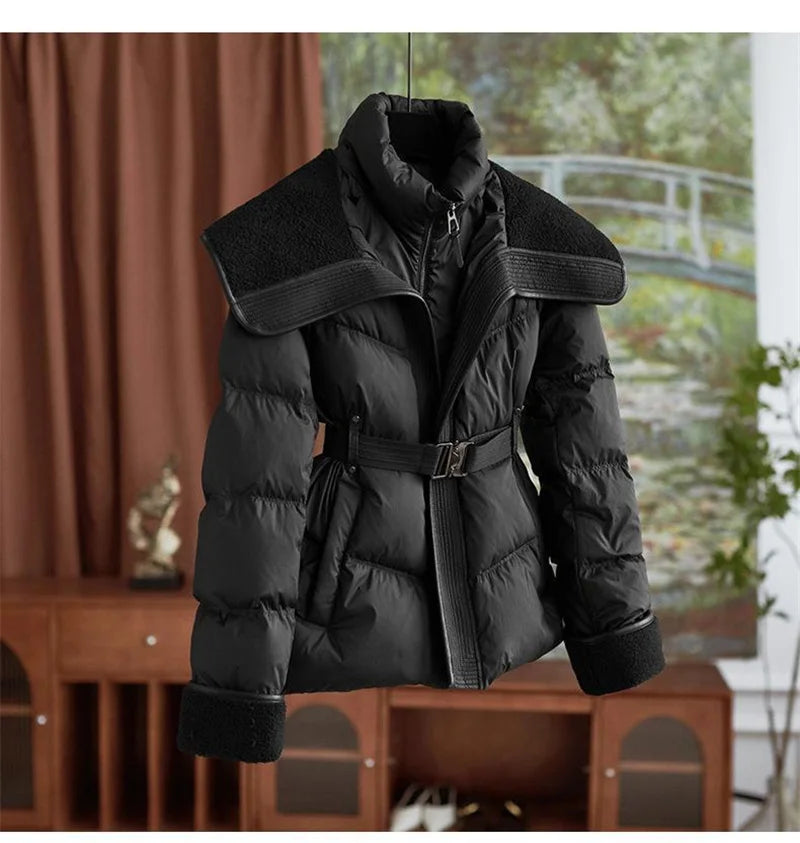 2025 New Winter Jacket Coat Female Parkas Fashion Lamb Wool Double Collar Short Belt Warm Down Cotton Jacket Women Outerwear Top
