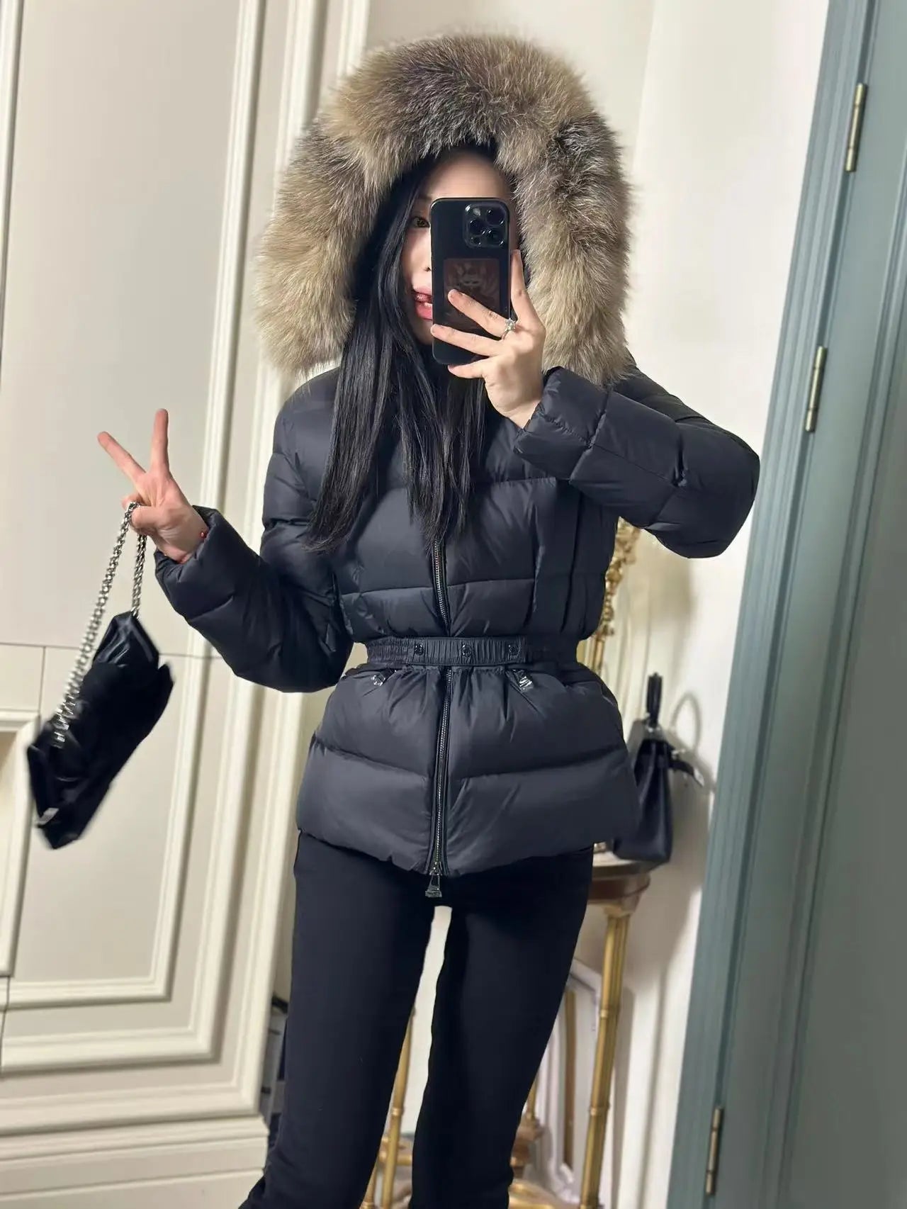 Winter Big Fur Collar Hooded Thickened Warm Jacket Korean Fashion Belt Slim Jacket Women Office Lady Solid Color Versatile Coat