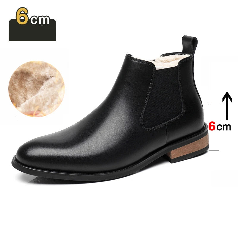 Winter New Men's Boots Genuine Leather Luxury Chelsea Boots Hidden Heels 6CM Height Increasing Shoes Man Outdoor Keep Warm Boots