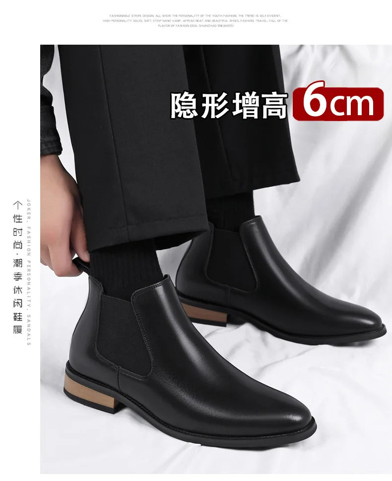 Winter New Men's Boots Genuine Leather Luxury Chelsea Boots Hidden Heels 6CM Height Increasing Shoes Man Outdoor Keep Warm Boots