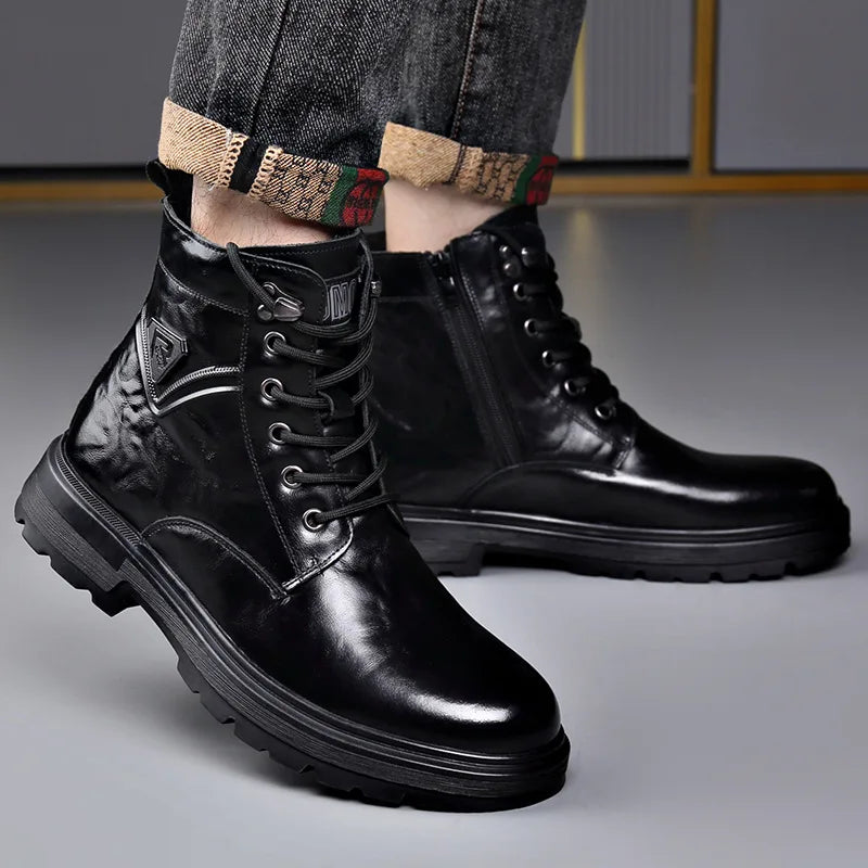 Autumn Winter Side Zipper Genuine Leather Boots for Men Fashion Casual Warm Cotton Work Shoes Man New Designer Ankle Boots Male