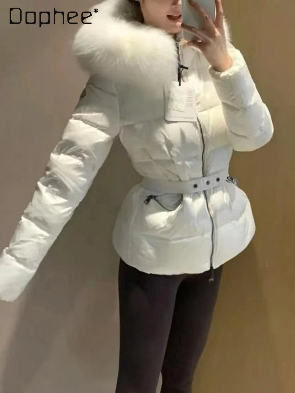 Winter Big Fur Collar Hooded Thickened Warm Jacket Korean Fashion Belt Slim Jacket Women Office Lady Solid Color Versatile Coat