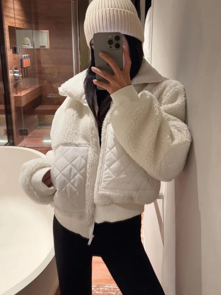 Winter Women‘s Lamb Fleece Jacket Casual Fashion Thick Warm Short Coat Stand Collar Zipper Loose Solid Long Sleeve Jackets Women