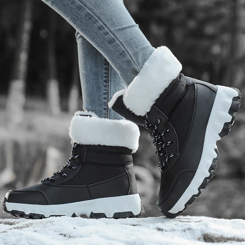 Women's Winter Fashionable Casual and Comfortable Snow Boots - Plush Lined Collar, Non-Slip, Wear-Resistant and Durable Soles, Warm Lining, Round Toe, Warm Outdoor Hiking Boots with Lace-Up Closure