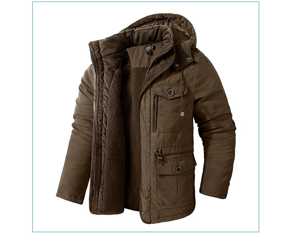 Winter Mens Fleece Warm Jackets Fashion Men Thicken Thermal Tactical Hooded Coats Men Outdoor Multi-pocket Windbreaker Jacket