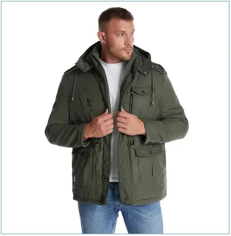 2025 Winter Men's American Fashion Versatile Hooded Cotton Jacket Thickened Multi Pocket Casual Simple Medium Length Top Coats