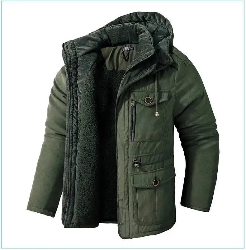 2025 Winter Men's American Fashion Versatile Hooded Cotton Jacket Thickened Multi Pocket Casual Simple Medium Length Top Coats