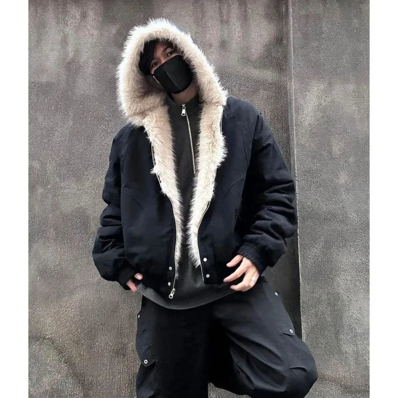 Winter plush jacket American log warm jacket men and women retro stylish hip-hop simple loose leather motorcycle punk jacket