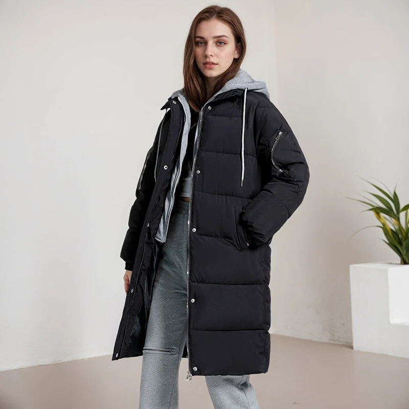 Winter Women Jacket Casual Loose Cotton-padded Knitted Hat Long Overcoat Fashion High Quality Fake Two Pieces Hooded Long Coat